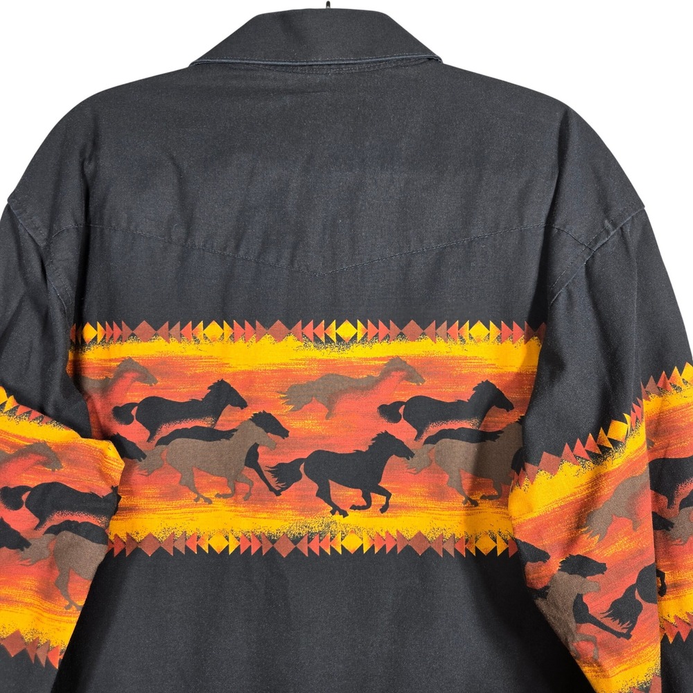 Vintage 90s Wrangler Western Shirt Men Large Black Wild Horse Graphic Pearl Snap - Picture 9 of 11